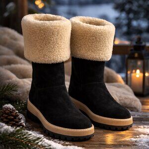 STUART WEIZTMAN Black Suede and Cream Shearling 2 -Way Apres Ski Boots Sz 8